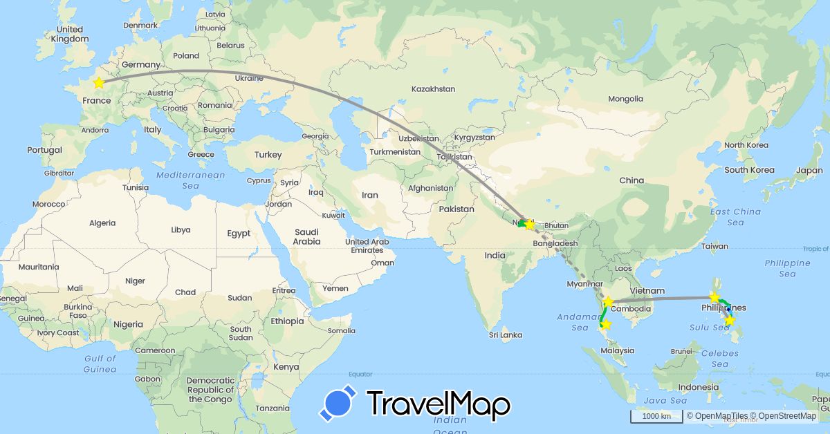 TravelMap itinerary: driving, bus, plane, hiking, boat, motorbike in Nepal, Philippines, Thailand (Asia)